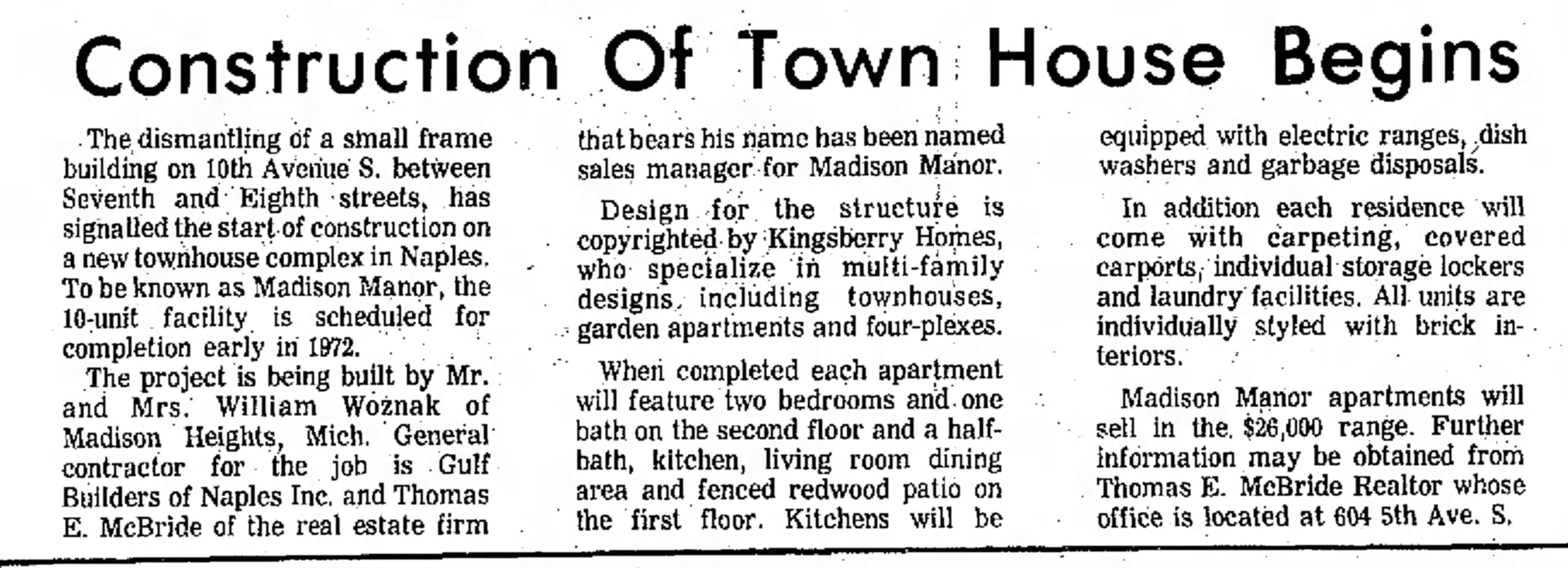 'Construction of Town House Begins,' Naples Daily News, September 9, 1971