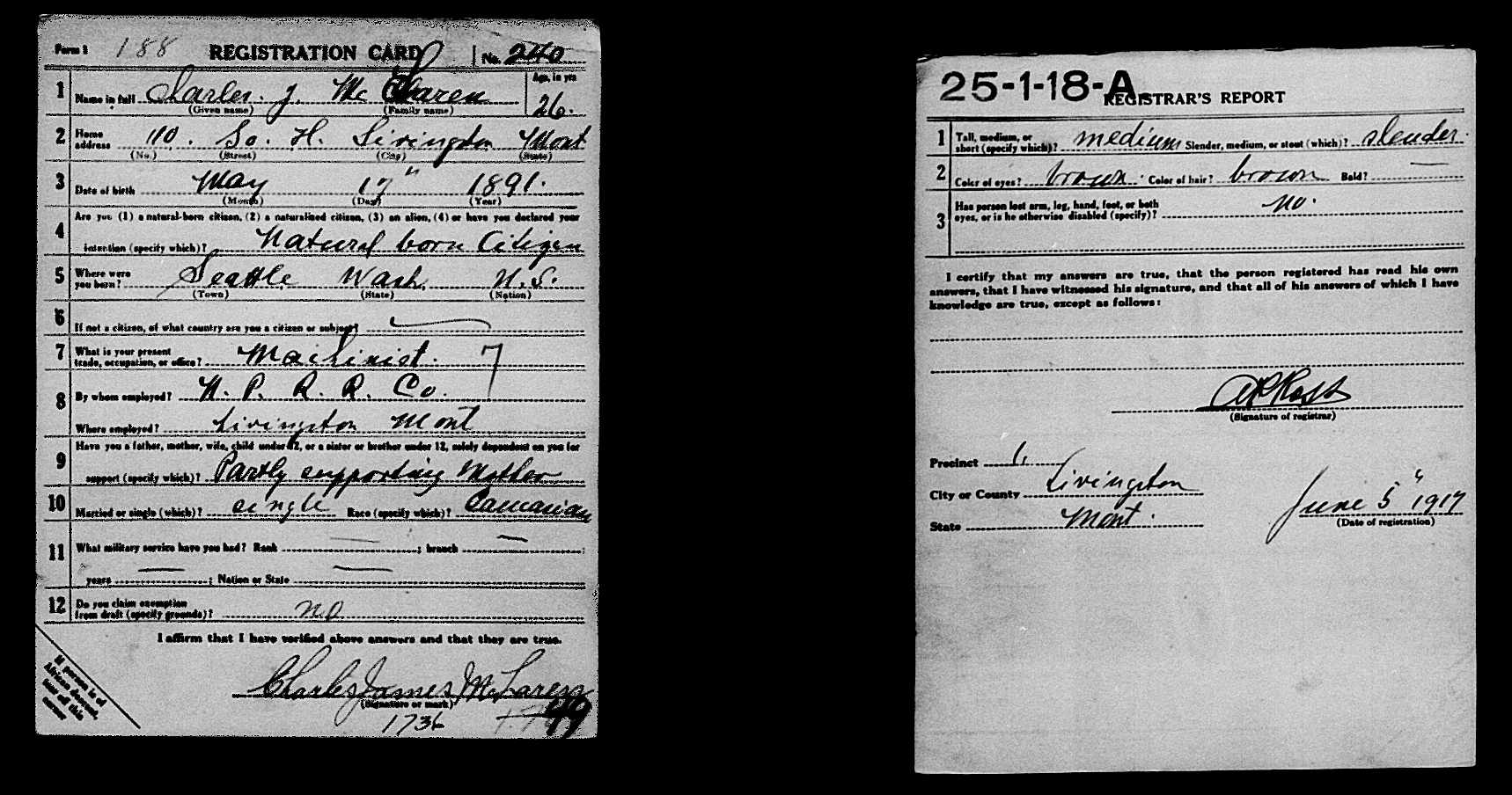 WWI Draft Registration Card, Charles McLaren