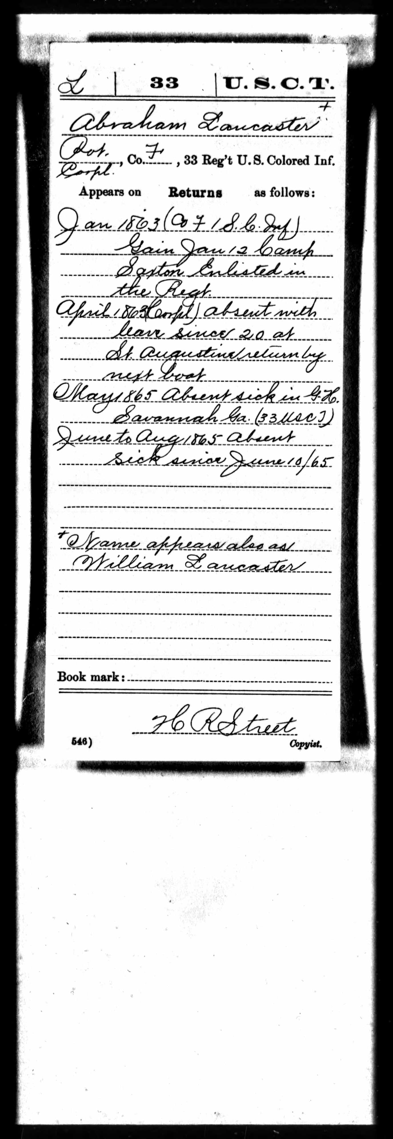 Civil War Service Card Returns Book
