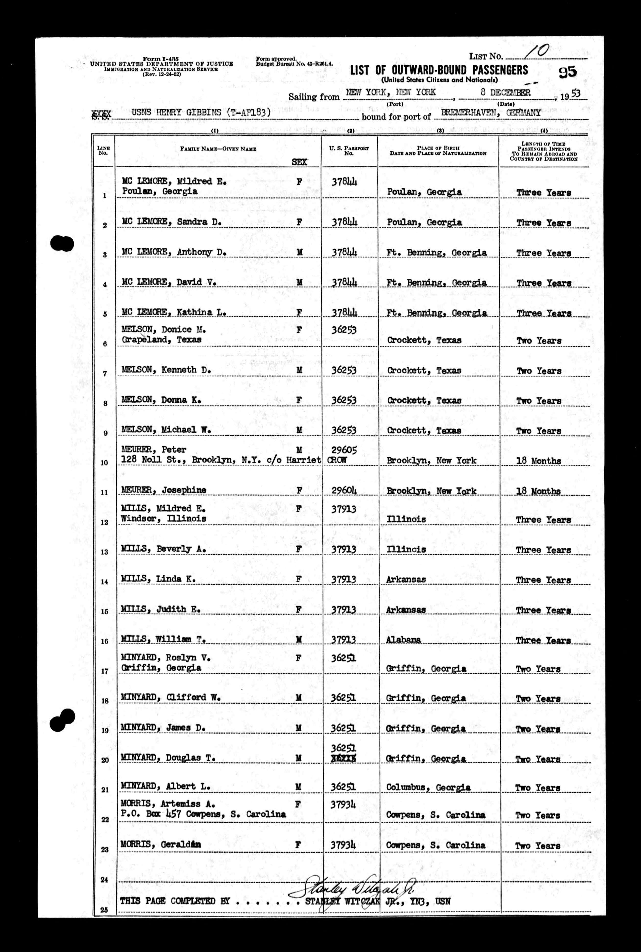 Passenger List from USNS Henry Gibbins, December 8, 1953, Albert L. Minyard, line 21
