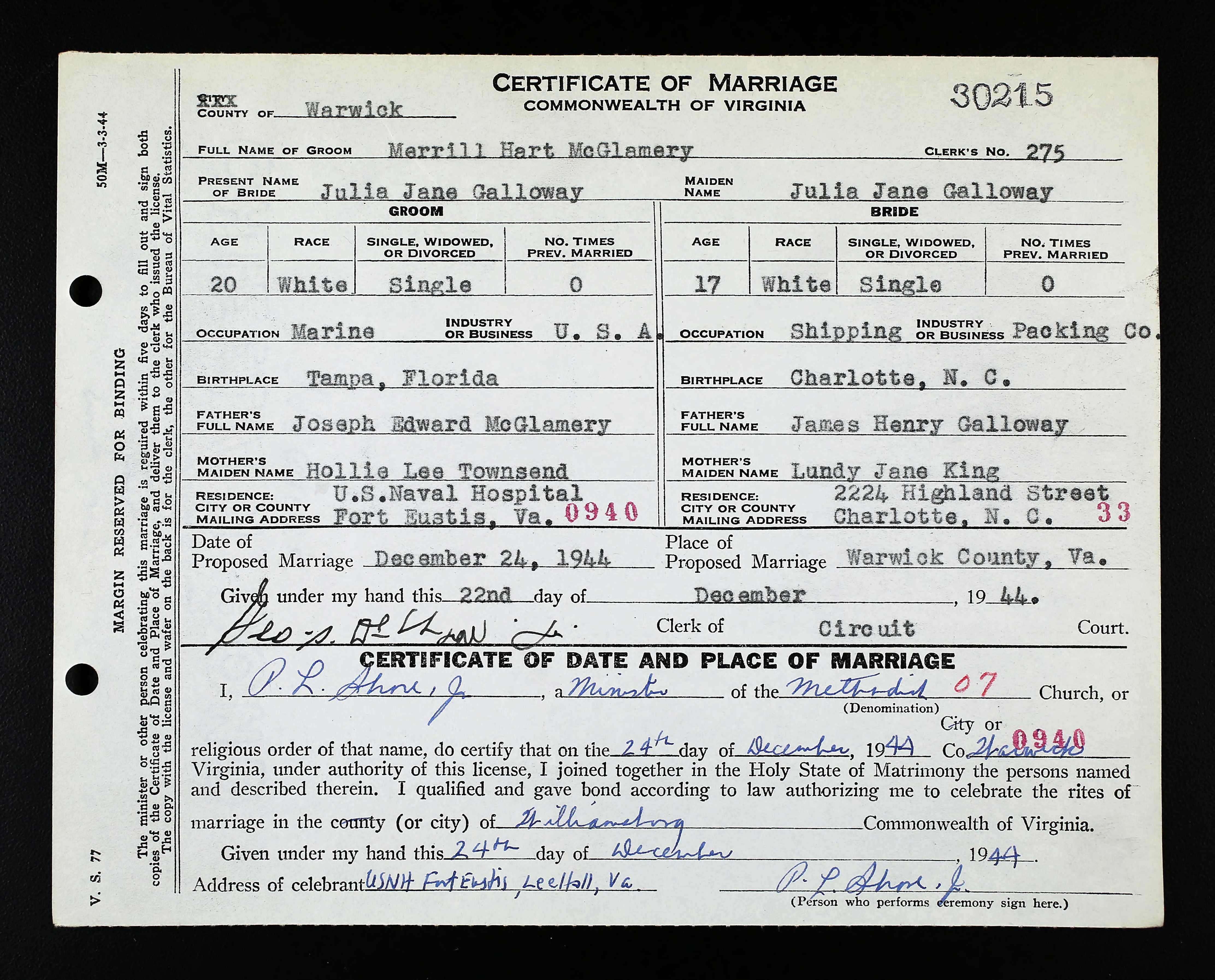 Certificate of Marriage for Merrill Hart McGlamery and Julia Jane Galloway