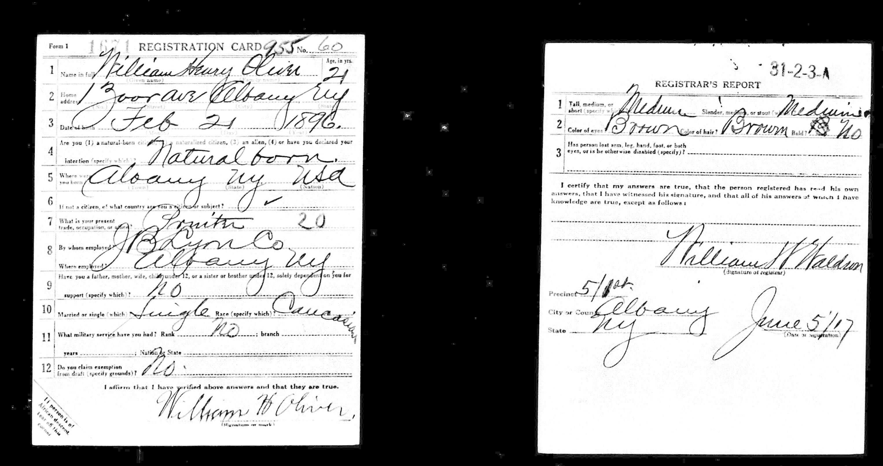 WWI Draft Registration for William Henry Oliver