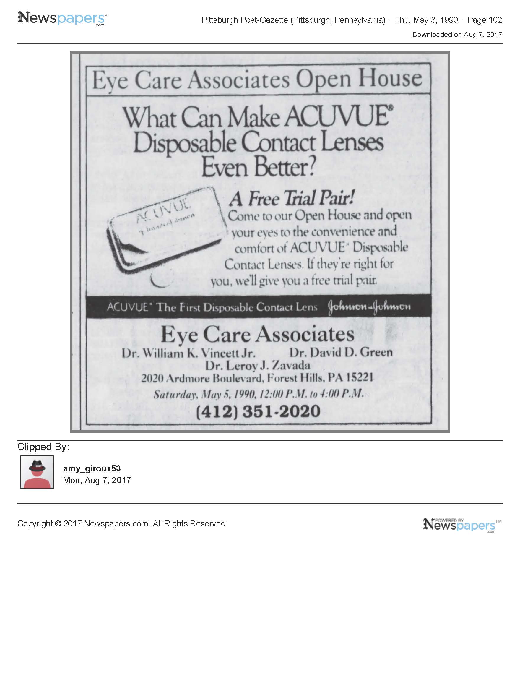 'Eye Care Associates Open House,' Pittsburgh Post-Gazette, May 3, 1990