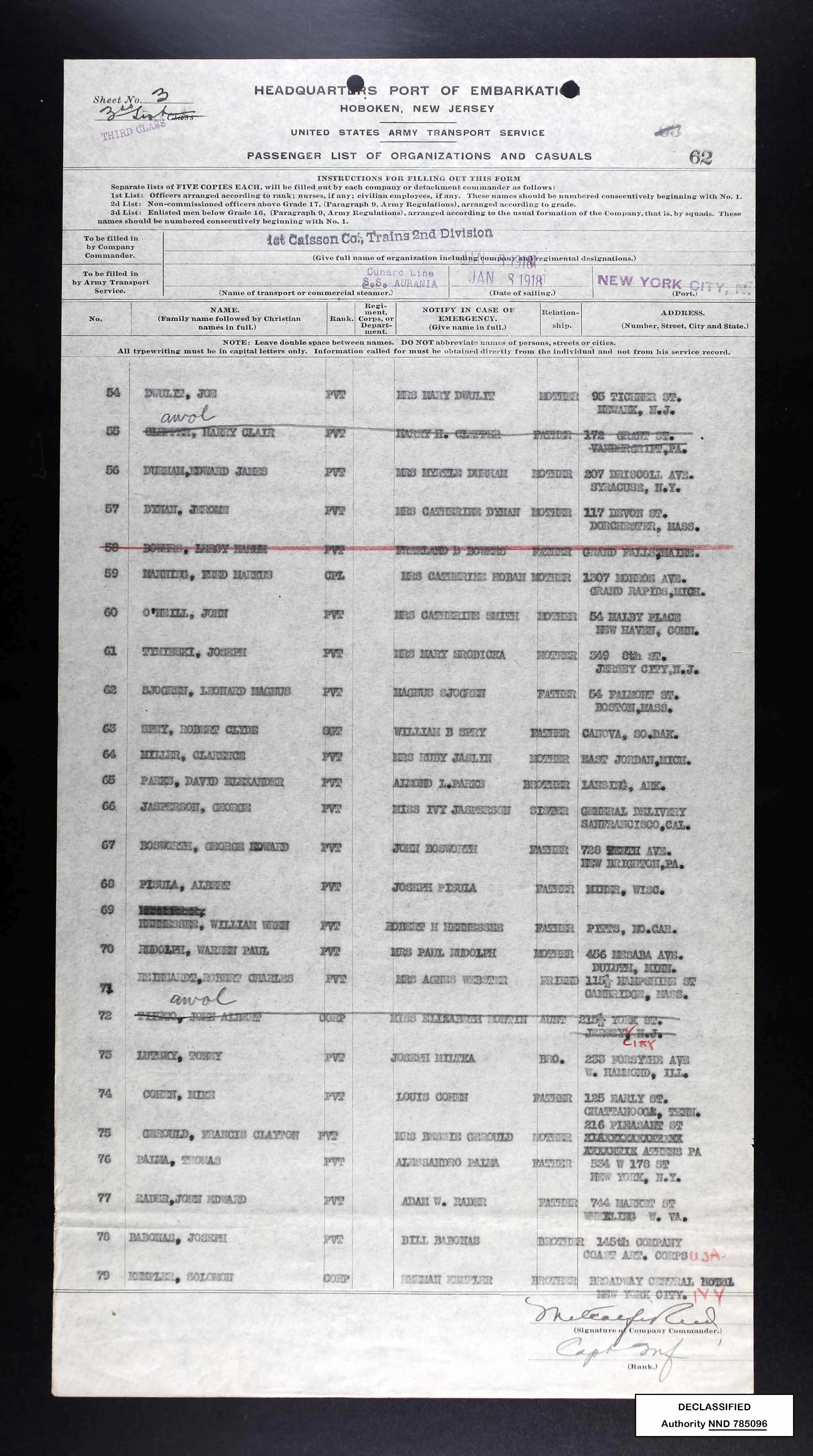 Transport List from the SS Aurania, January 8, 1918, Francis Clayton Gerould, line 75