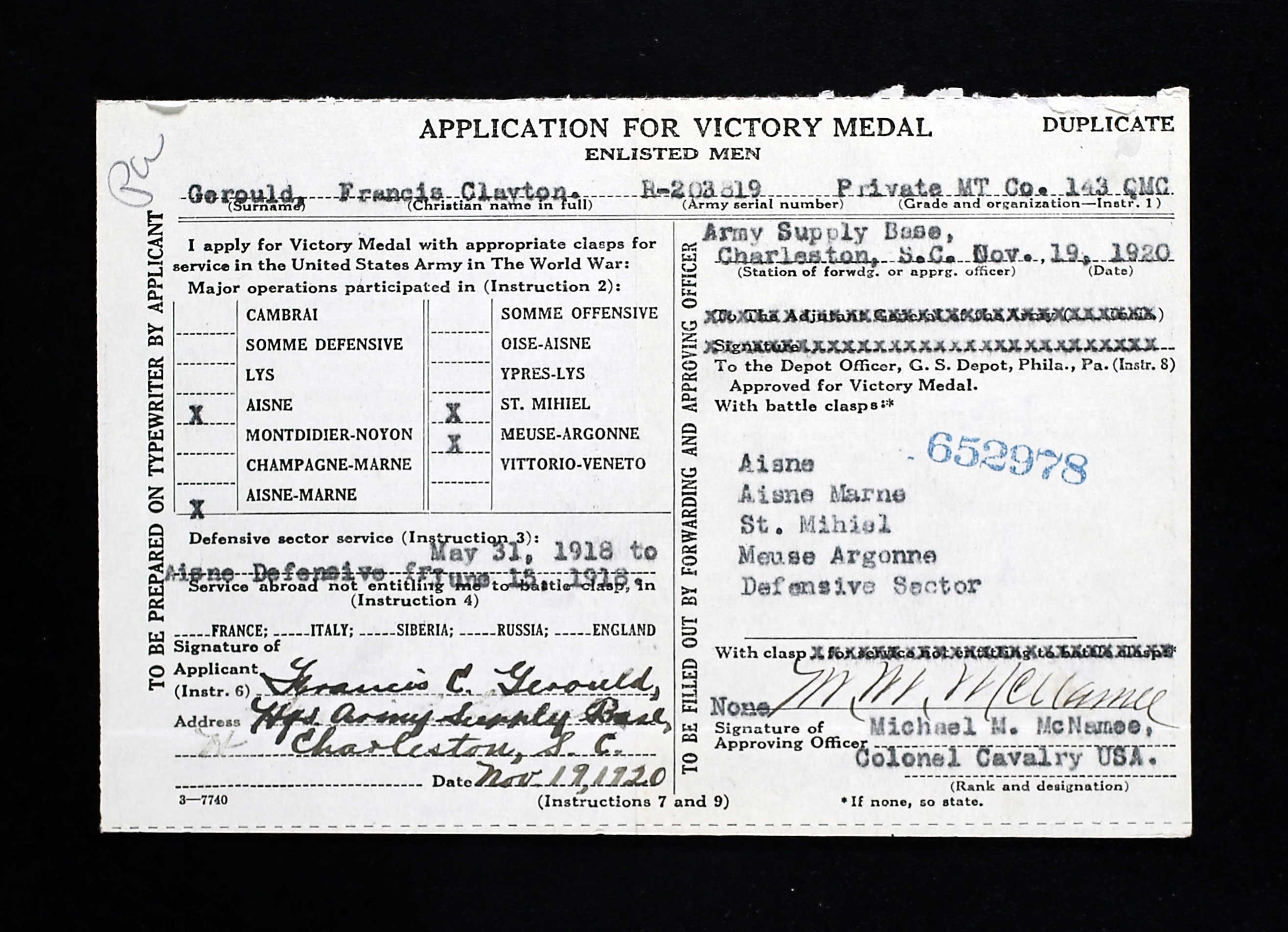 Francis Gerould Victory Medal Application