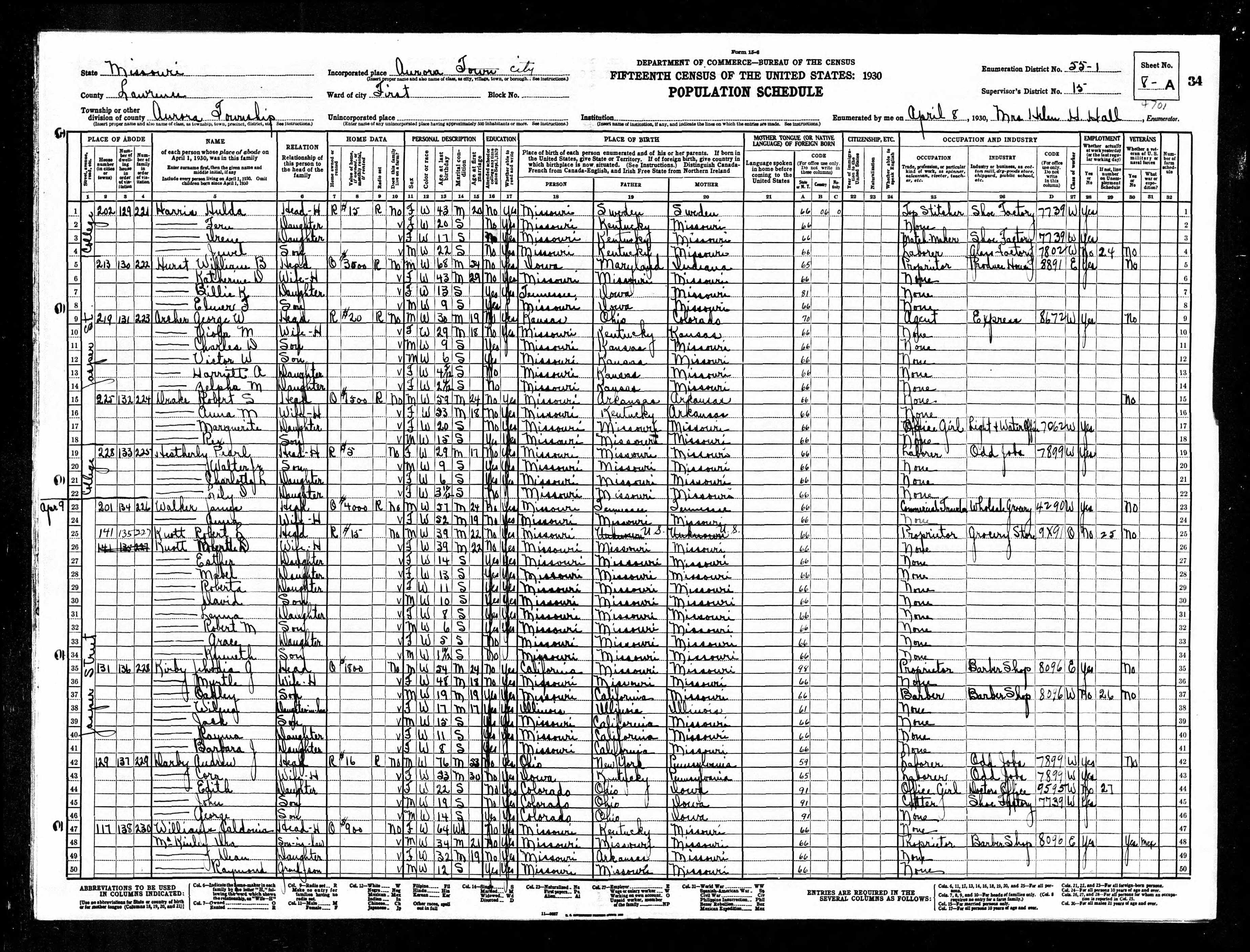 1930 US Census, Elmer Hurst, line 8