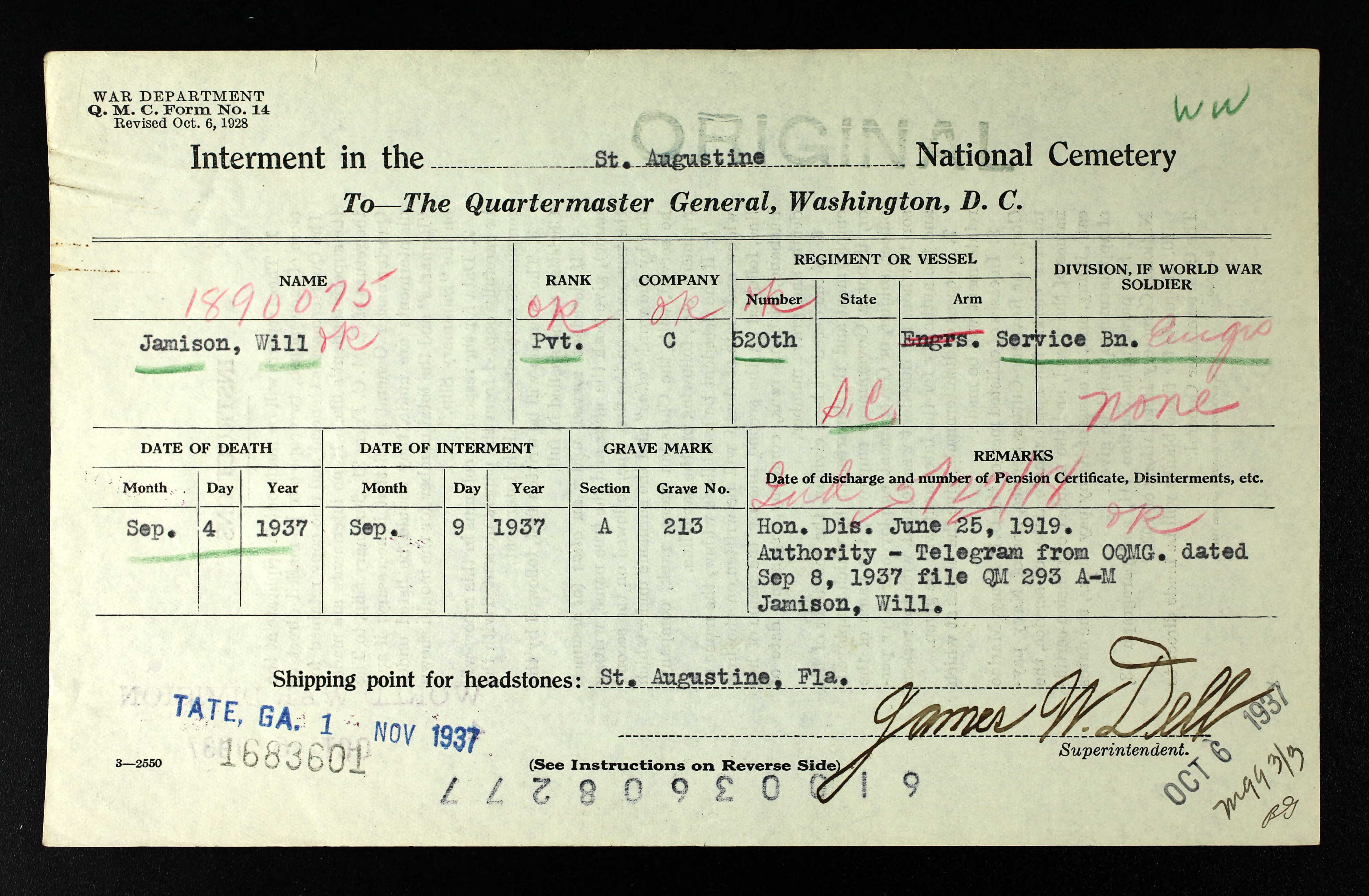 Internement Card for Will Jamison