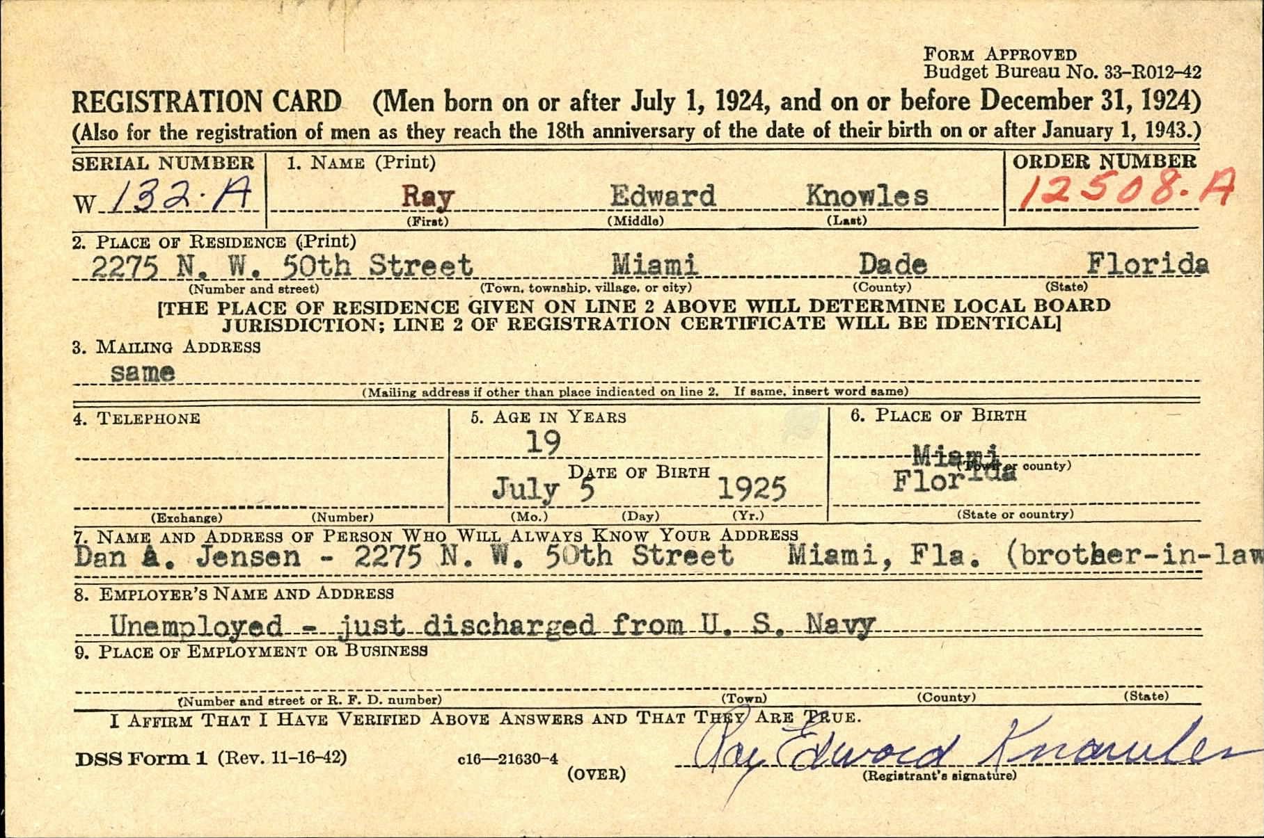 Selective Service Registration Card for Ray Knowles