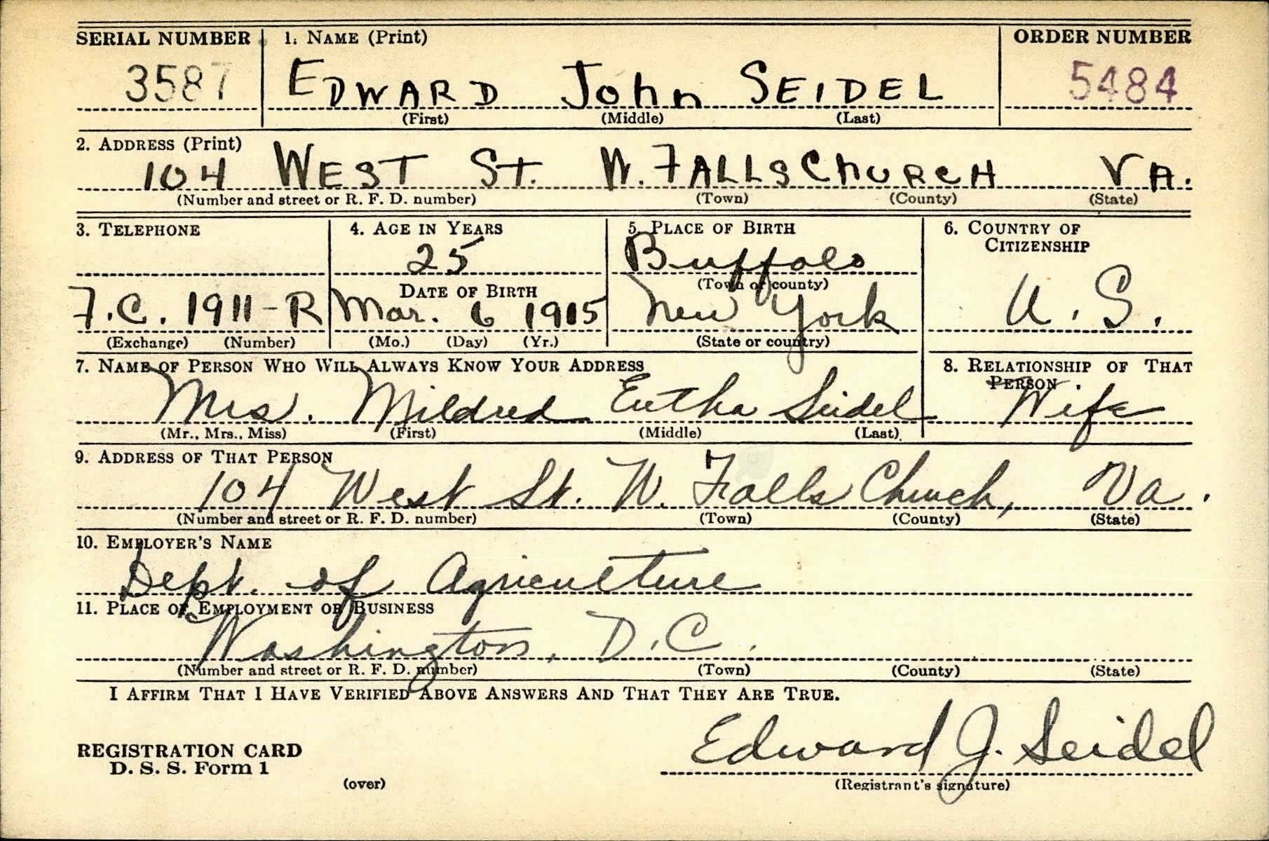 WWII Draft Registration Card for Edward John Seidel