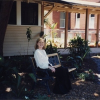 Arlene Boardman with Her Bench in Sanford Grammar School&#039;s Shade Garden