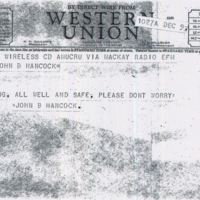 Telegram from John B. Hancock to Edna P. Hancock (December 9)
