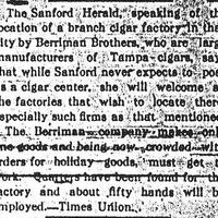 Newspaper Articles on the Berriman Brothers Cigar Factory in Sanford