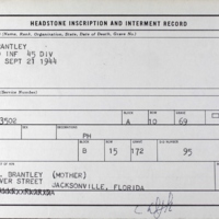 Headstone Inscription and Interment Record for Private Ralph Brantley