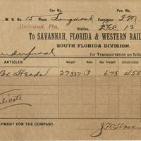 Savannah, Florida &amp; Western Railway Company Receipt for Isaac Vanderpool (December 12, 1892)