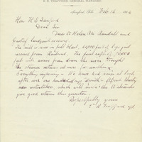 Letter from E. R. Trafford to Henry Shelton Sanford (February 16, 1884)