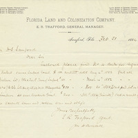 Letter from E. R. Trafford per William Beardall to Henry Shelton Sanford (February 21, 1884)