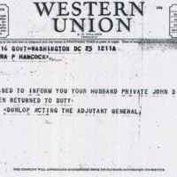 Telegram from Robert H. Dunlop to Edna P. Hancock (1944)