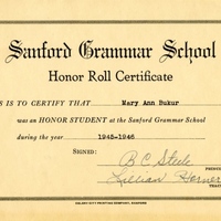 Sanford Grammar School Honor Roll Certificate for Mary Ann Bukur, 1945-1946